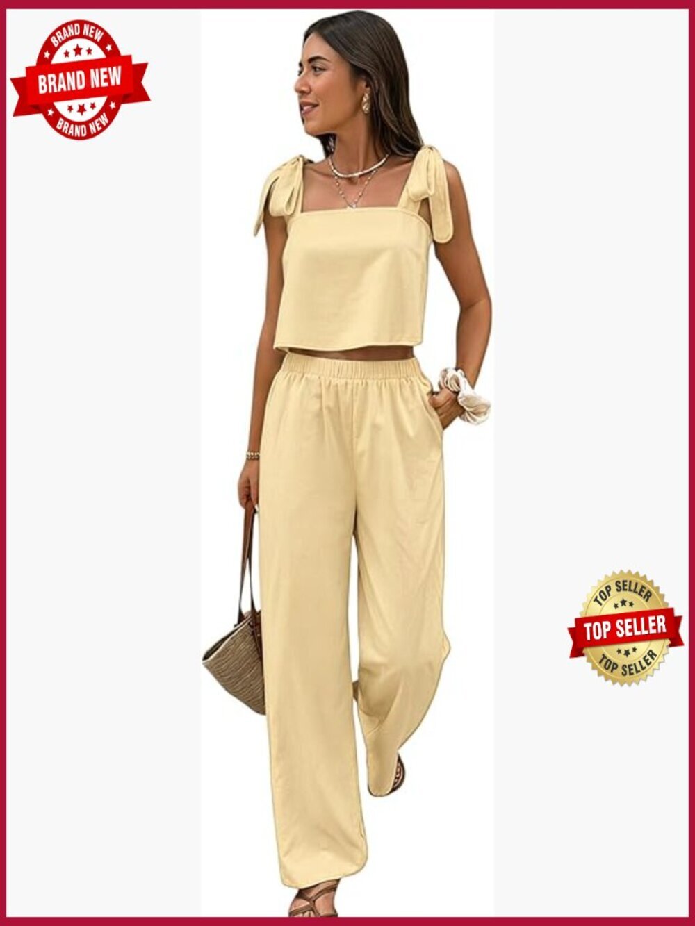 Women's 2 Piece Set Tie Shoulder Crop Top and Pants Outfit